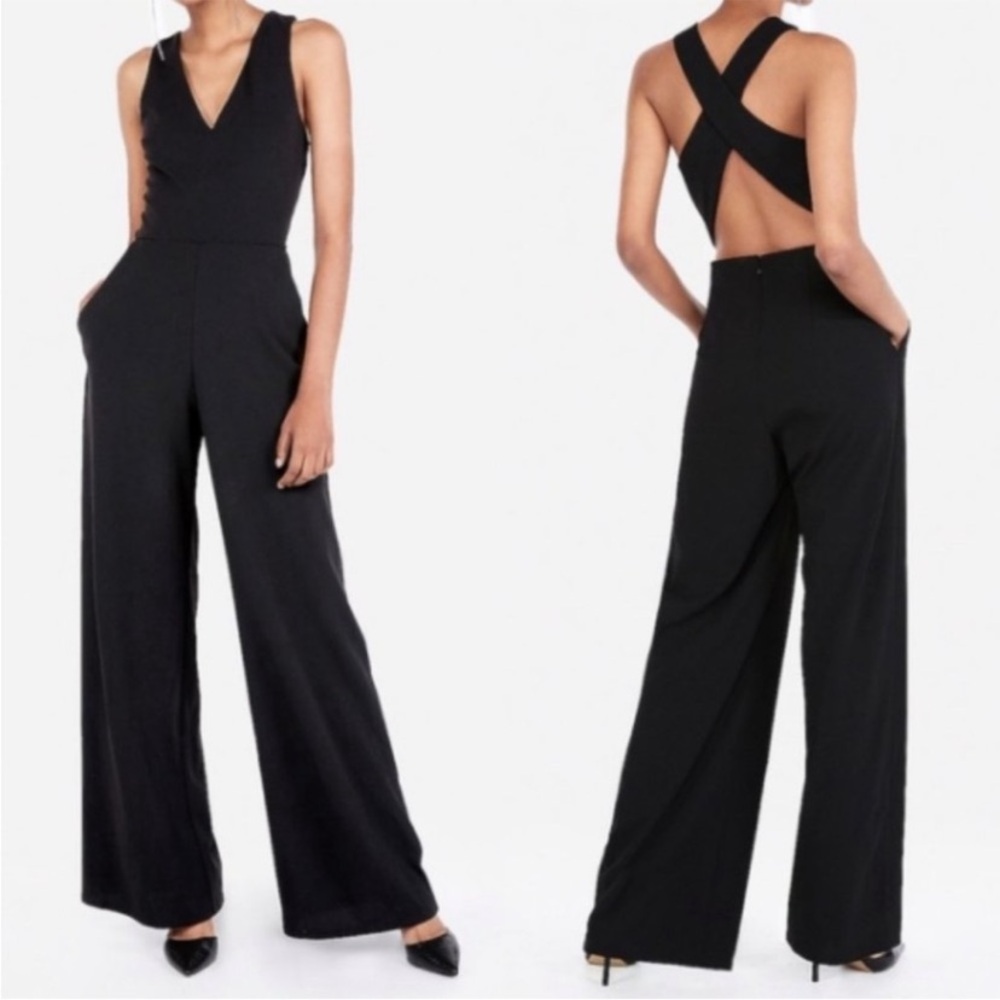 Express Women’s Black Jumpsuit Cross Back Sleeveless Wide Leg Zipper Size XS